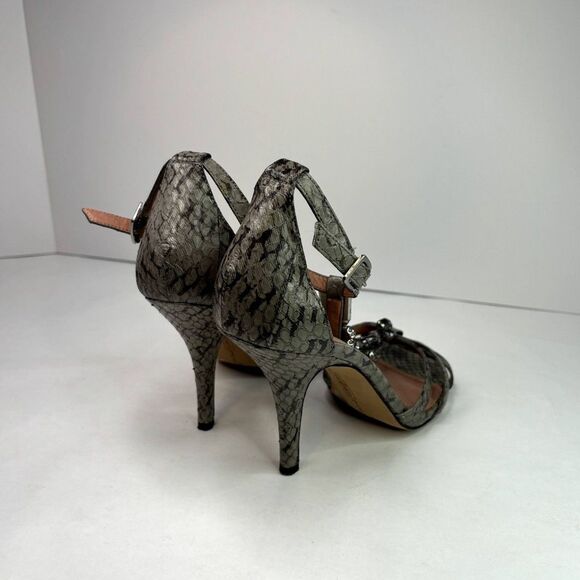 Vince Camuto Leather Snakeskin Open Toe Pumps Heels Buckle Grey Jeweled Womens - Picture 6 of 12